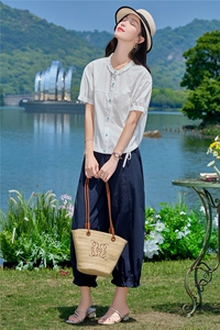 2026夏季新款薄款上衣女花边领气质休闲百搭衬衫套装女藏青直筒裤图片