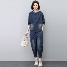 时尚休闲牛仔套装女2025春秋新款中年妈妈宽松大码洋气减龄两件套，女装套装/套裙，悦见她