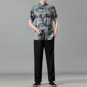 唐装男爸爸夏装短袖冰丝风衣服中老年人爷爷夏季汉服休闲套装图片