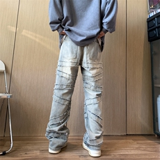 美式复古重磅做旧线条毛须牛仔裤水洗显瘦显高微喇裤N14-P65，男装牛仔裤，星座308B-1