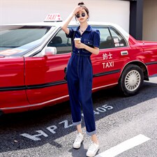 2024夏季新款简约时尚个性气质翻领抽绳收腰显瘦牛仔连体长裤，女装连体裤，瑶迪依秀