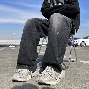 新款男士牛仔裤复古潮流牌美式运动高街痞帅直筒休闲长裤子图片