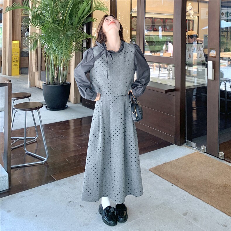 韩系小香风波点套装裙女秋高级感巨好看名媛气质上衣半身裙两件套,女装套装/套裙,2C111