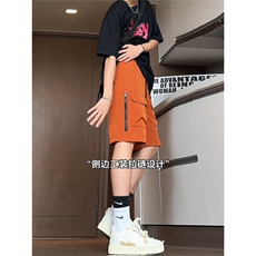 美式橙色大码工装冲锋短裤男夏季青少年穿搭侧拉链冰丝速干五分裤，男装牛仔裤，星座506A
