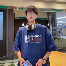 日系藏青色重磅阳光干净短袖T恤男生穿搭美式复古精梳棉7七分袖夏，男装T恤，电商B367