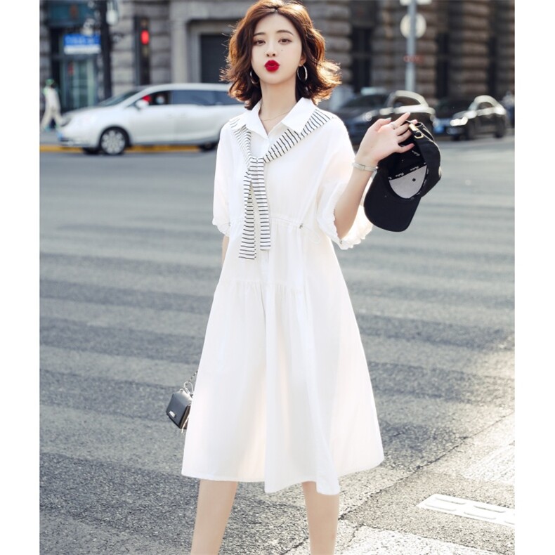 白色披肩连衣裙女夏季2026新款气质设计感御姐长裙宽松纯棉衬衫裙，女装连衣裙，丝露依尚（原SL）
