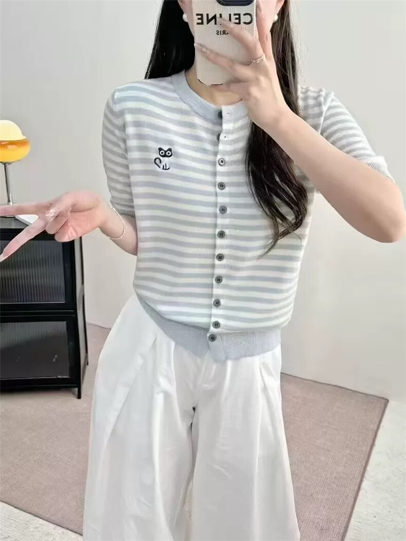 夏季圆领条纹针织短袖开衫女猫咪刺绣宽松半袖T恤上衣百搭打底衫,女装T恤,艾米娇羊绒