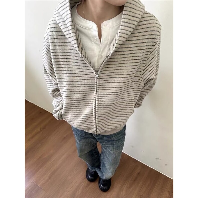 原宿日系文艺潮流百搭慵懒原版条纹复合连帽卫衣简约WT252，男装卫衣，星座516A