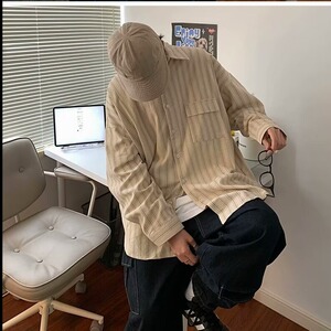 日系复古灯芯绒条纹长袖衬衫男女春秋小清新学院风宽松休闲衬衣潮图片