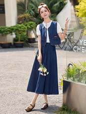 时尚休闲牛仔马甲套装裙女2025夏季新款短袖衬衫高腰半身裙三件套，女装套装/套裙，罗腾