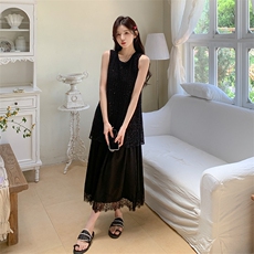黑色轻熟风亮片拼接蕾丝连衣裙女2025夏季新款法式显瘦无袖背心裙，女装连衣裙，2C285