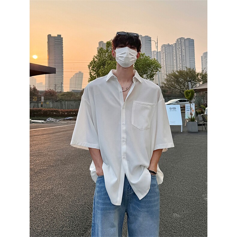 冰丝短袖衬衫X2393-TP3548夏季可二开港风纯色宽松垂感衬衣,男装T恤,电商A102