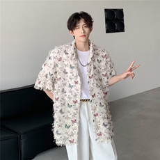 花蝴蝶冰丝短袖衬衫男款夏季2026新款流苏设计感潮流情侣上衣外套，男装衬衫，星座410-7