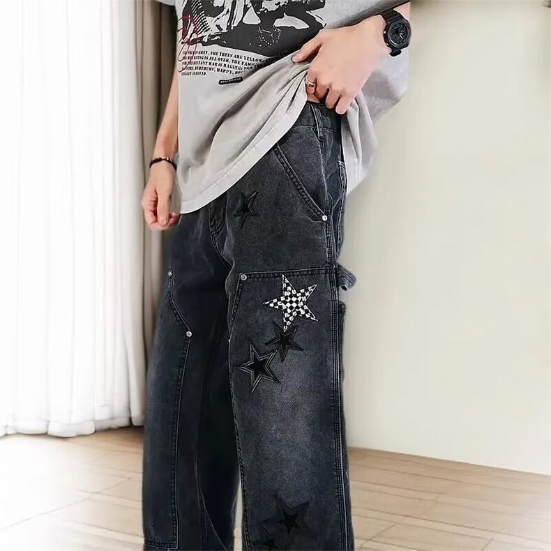 高街复古阔腿牛仔裤男宽松直筒裤2025新款痞帅五角星贴皮拼接长裤,男装牛仔裤,四季星座505