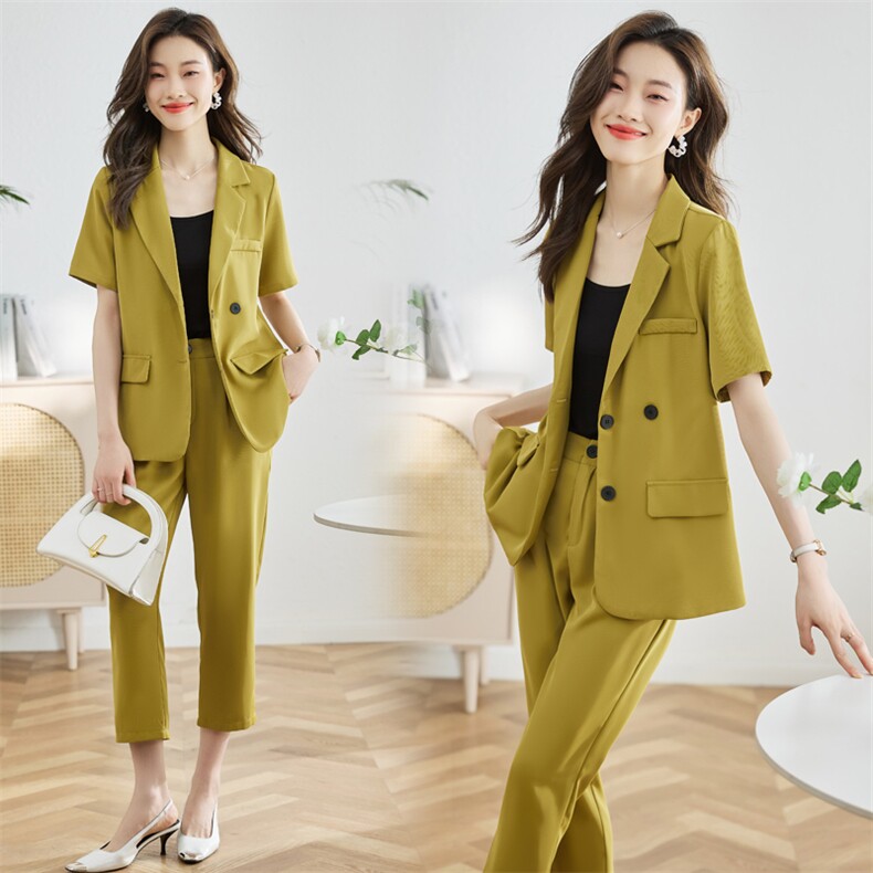时尚西装套装女2025年夏季新款显瘦气质绿色西服两件套潮，女装套装/套裙，采品优优
