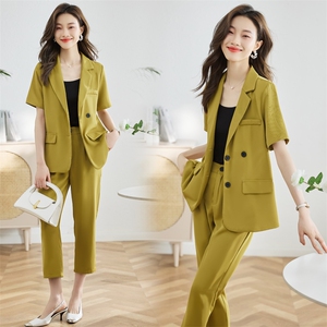 时尚西装套装女2025年夏季新款显瘦气质绿色西服两件套潮，女装套装/套裙，采品优优