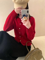 红色衣服针织开衫春秋新款宽松短款显瘦洋气打底外套上衣，女装针织衫/毛衣，半城羊绒