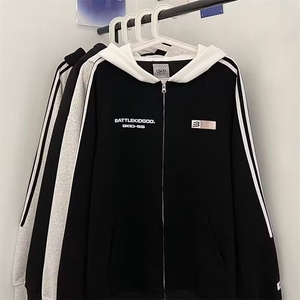 美式潮条纹织带开衫连帽卫衣男春秋情侣宽松休闲外套WYK109 P48图片