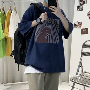 T10男士休闲宽松港风印花T恤衫男圆领半截袖TEE五分袖T恤潮男女T