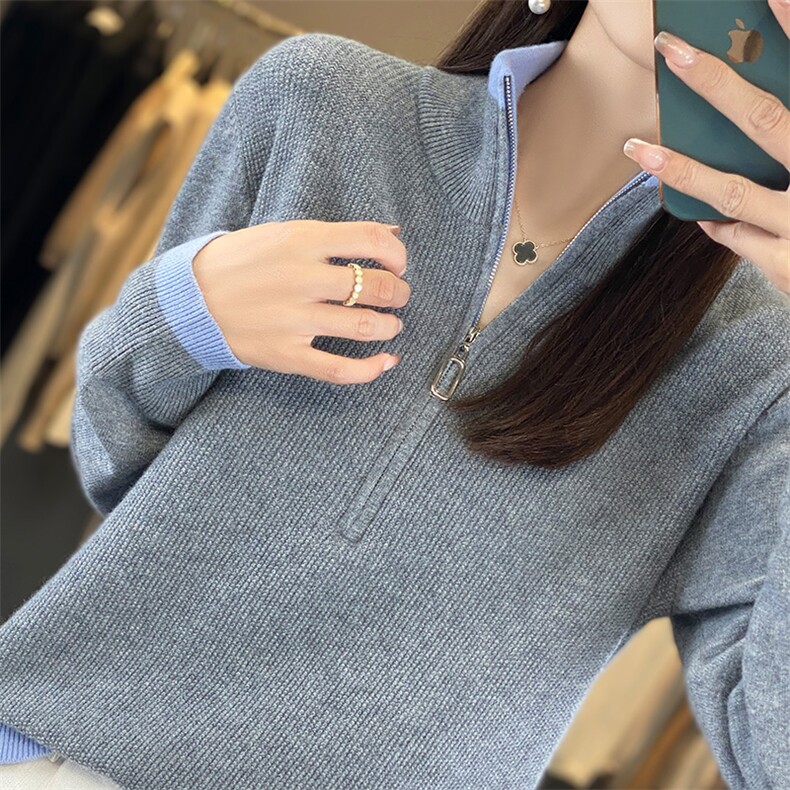 秋冬新款圆领拼色羊毛开衫外套女士洋气休闲宽松外搭针织减龄毛衣,女装羊毛衫,片语羊绒