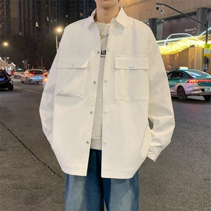 工装夹克男款春秋季男士潮流白色上衣翻领休闲痞帅防水衬衫男外套图片