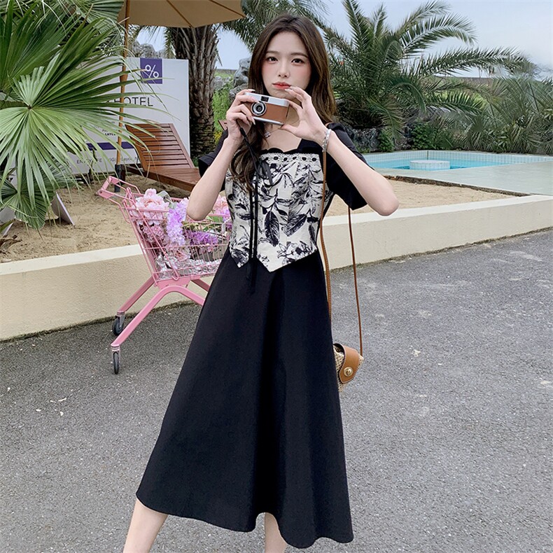 【现货】夏装新款时尚气质优雅显瘦系带水墨画拼色连衣裙图片