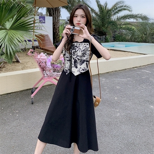【现货】夏装新款时尚气质优雅显瘦系带水墨画拼色连衣裙图片