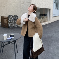 卡其色翻领皮毛一体羊羔毛外套女2025冬季新款爆款韩系小个子棉服，女装短外套，2C098