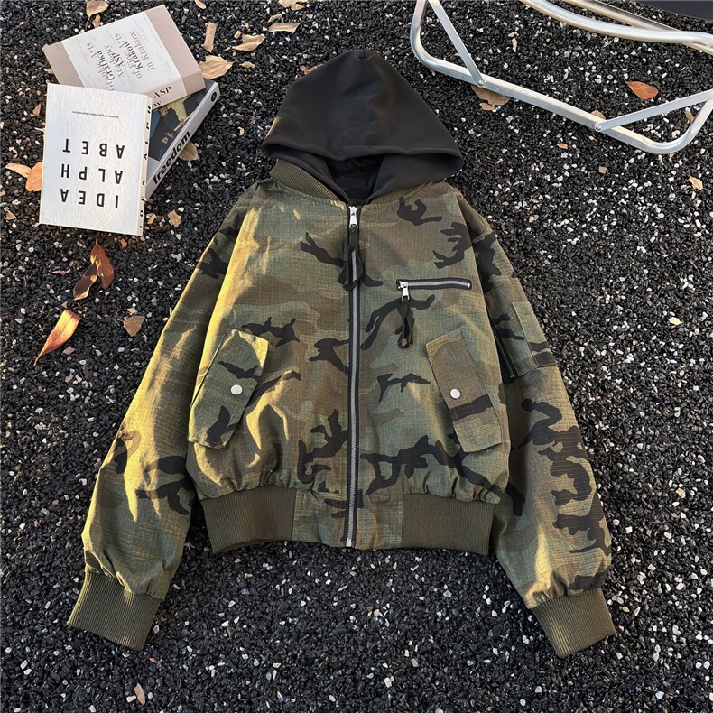 迷彩棉服男款冬飞行员夹克连帽假两件棒球服外套HH0104 P100-110图片