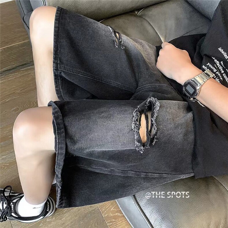 破洞牛仔裤男韩版潮流高街帅2024夏季新款ins宽松五分裤RK479-P36,男装牛仔裤,星座412-2