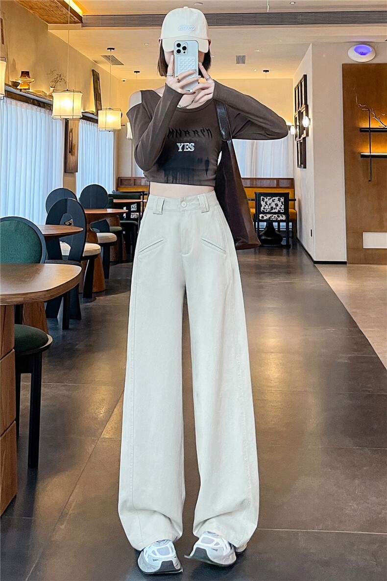 高级感白色天丝棉休闲长裤女25春夏宽松慵懒风高腰牛仔阔腿裤,女装休闲裤,梦白服饰厂