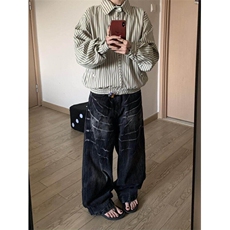 NZK229LL-P51美式复古闪电纹牛仔裤宽松直筒高级感痞帅阔腿裤，男装牛仔裤，星座1007（原301D）