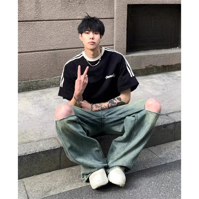 夏季美式高街重磅纯棉三条杠织带撞色男女短袖T恤ZD616-特P30,男装T恤,电商A486-1