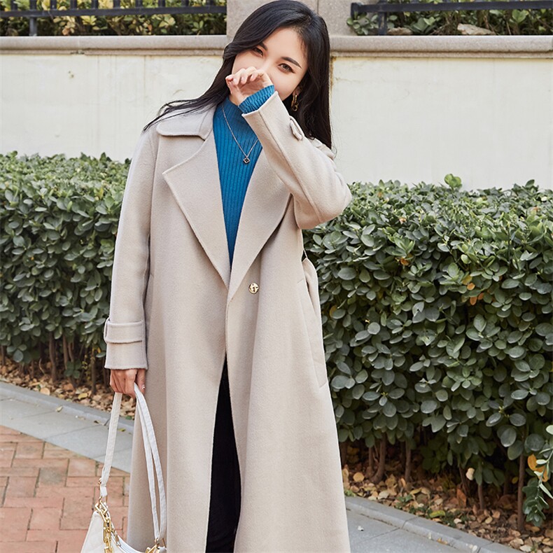 2024秋季新款纯色长袖中长款羊毛毛呢大衣通勤百搭，女装双面呢大衣，贝源羊绒