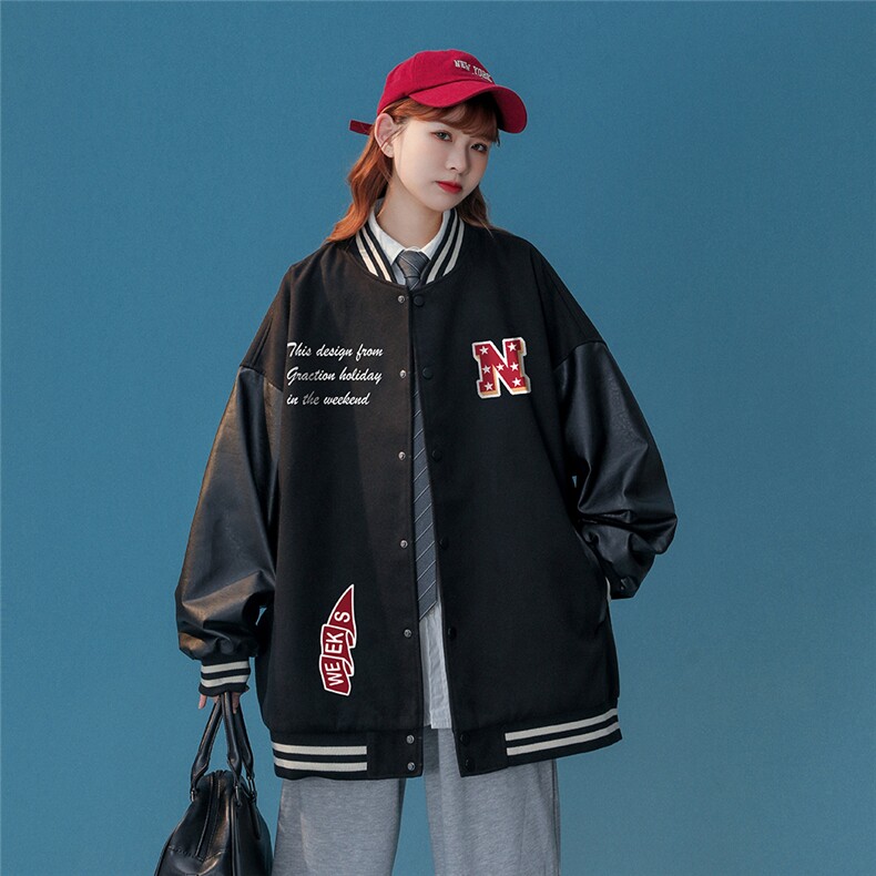 中性风23春季潮牌字母印花pu皮翻领棒球服夹克外套G642P85控108,男装夹克,A247A