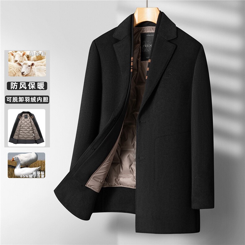 665-70羊毛可脱卸羽绒内胆围巾领中长款P365，男装毛呢大衣，星座1409-3