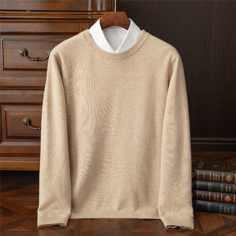 2025年秋季宽松型长袖时尚都市圆领套头，男装羊绒套衫，圣强羊绒