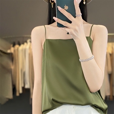夏季新款醋酸真丝绸面一字领吊带女宽松百搭无袖背心纯色套头上衣，女装背心吊带，朝贺羊绒