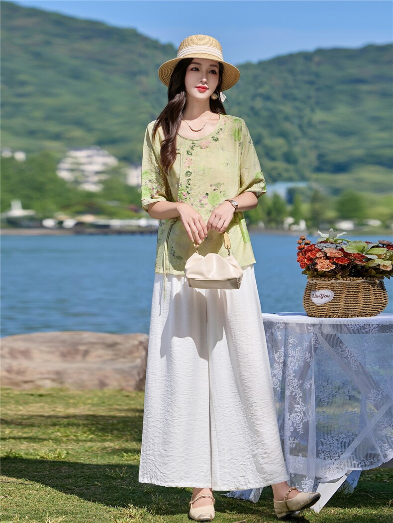 时尚洋气刺绣印花套装女2026夏季新款宽松遮肉显瘦阔腿裤两件套,女装套装/套裙,魅影