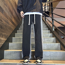 美式vintage撞色牛仔裤男款秋冬季潮牌宽松高街直筒裤子，男装牛仔裤，星座410-7