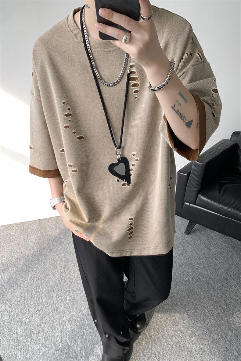 T10137-特批33控68开口笑高品质夏季大码短袖破洞潮流百搭T恤,男装T恤,电商A059
