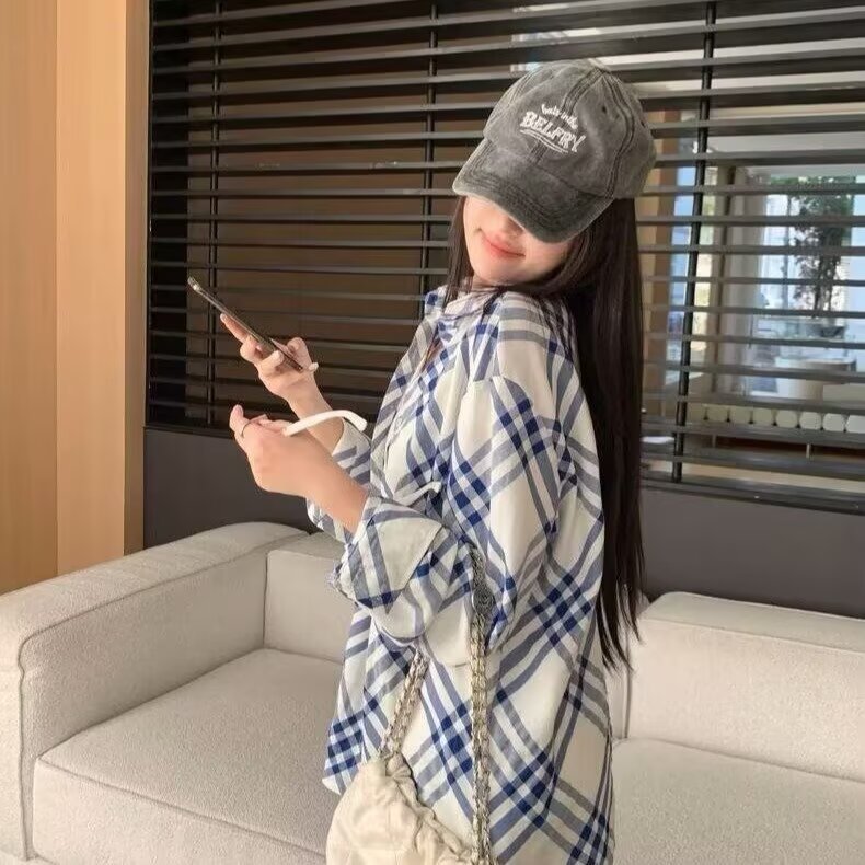 韩版气质拼色蓝白格纹衬衫女春夏宽松百搭新款衬衣超好看上衣外套,男装衬衫,星座1210-1