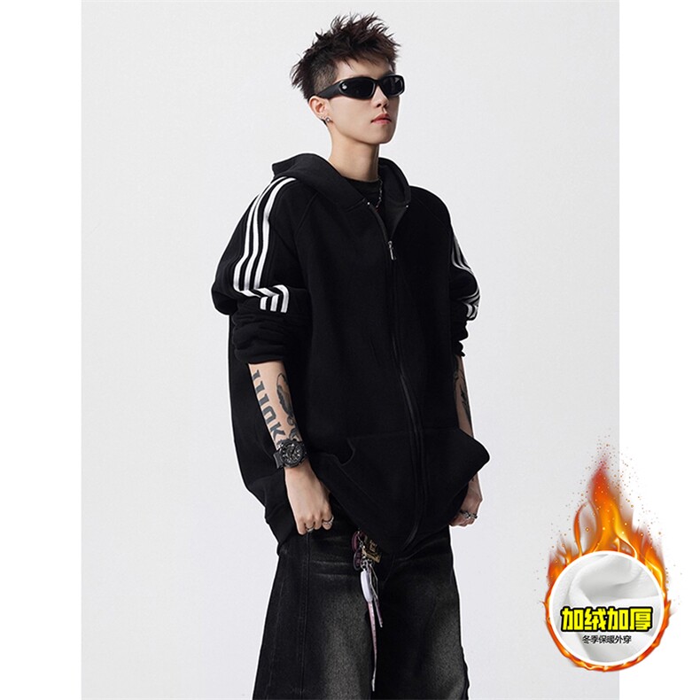 480G重磅加绒硬挺boxy男女秋冬美式高街结构三条杠卫衣开衫厚外套，女装短外套，电商A486-1