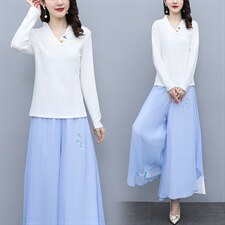 芷墨原创时尚风显瘦上衣阔腿裤裙裤两件套套装刺绣，女装套装/套裙，芷墨服饰