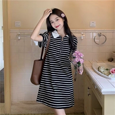 慵懒风条纹针织连衣裙夏季微胖mm显瘦宽松遮肚子法式温柔裙子，女装连衣裙，星座506A