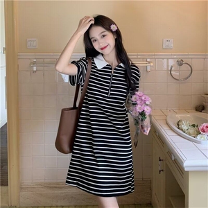 慵懒风条纹针织连衣裙夏季微胖mm显瘦宽松遮肚子法式温柔裙子图片