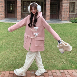 Bigsize宽松连帽羊毛呢外套（玩偶可拆装）甜美粉色图片