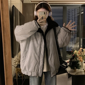 C943-P125 复古条纹两面穿外套冬季宽松保暖棉袄显瘦工装夹克棉服图片