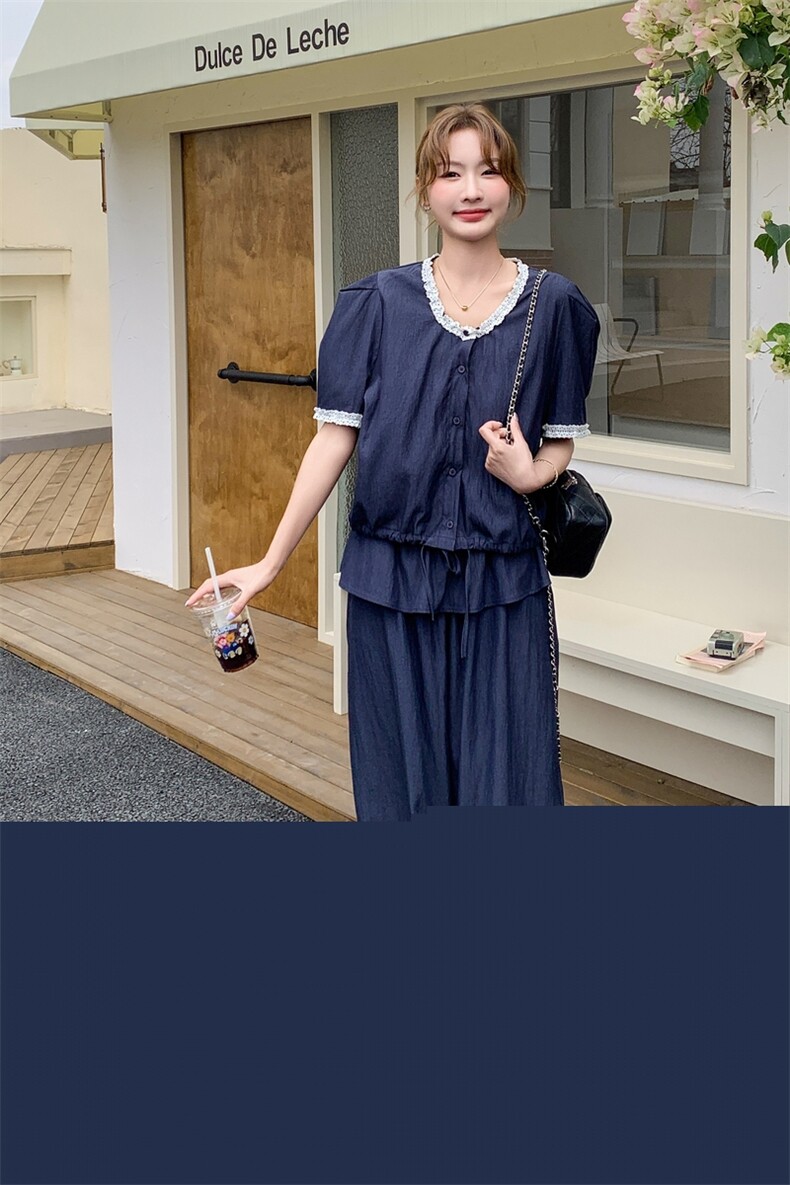 藏青色蕾丝拼接阔腿裤套装女夏2025新款两件套俏皮活泼韩版高级感,女装套装/套裙,2C159
