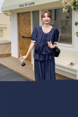 藏青色蕾丝拼接阔腿裤套装女夏2025新款两件套俏皮活泼韩版高级感，女装套装/套裙，2C159
